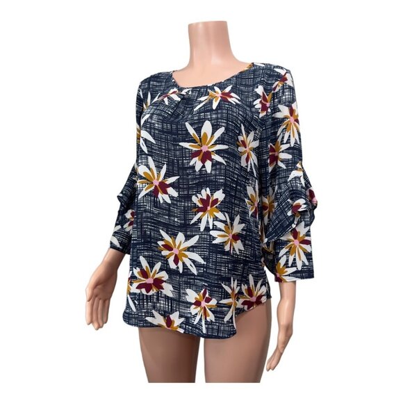VAN HEUSEN Women SZ M Navy Blue Floral Basic Casual Top Blouse Ruffle 3/4 sleeve - Picture 10 of 16